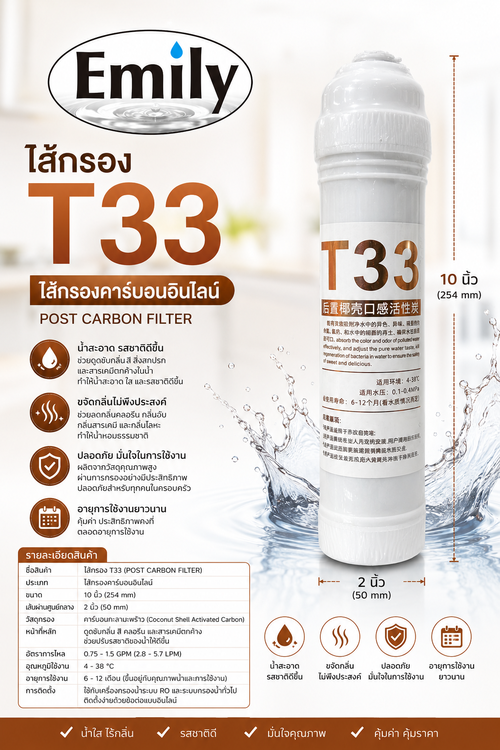 Emily ไส้กรองน้ำ T33 Post Carbon คาร์บอนกะลามะพร้าว ปรับรสชาติน้ำ กำจัดกลิ่นคลอรีน ใช้งานกับเครื่องกรองน้ำ RO อายุ 6-12 เดือน