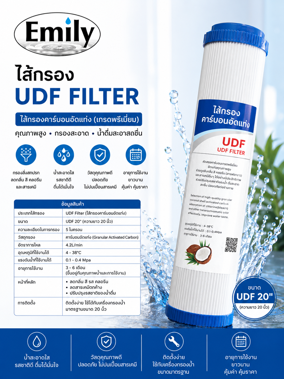ไส้กรอง UDF 20" (Granular Activated Carbon Filter) หรือ ไส้กรองคาร์บอนเกล็ด